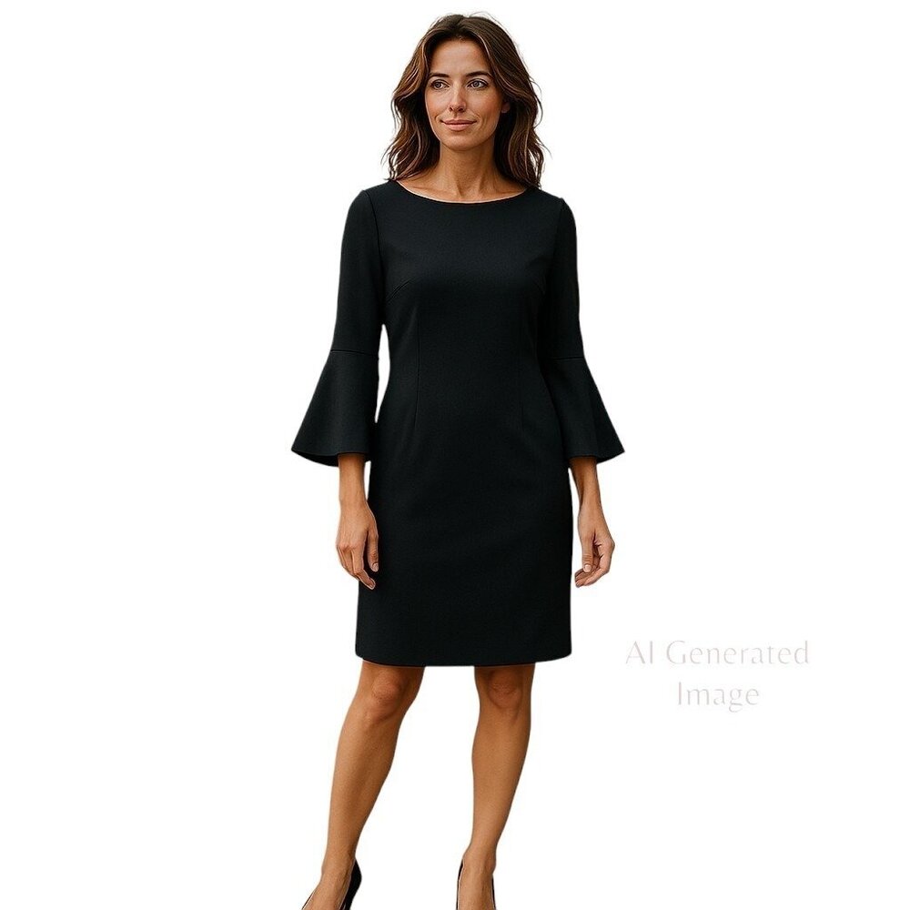 Calvin Klein Black Round Neck Knee Length 3/4 Bell Sleeves Sheath Dress Sz 6 NEW